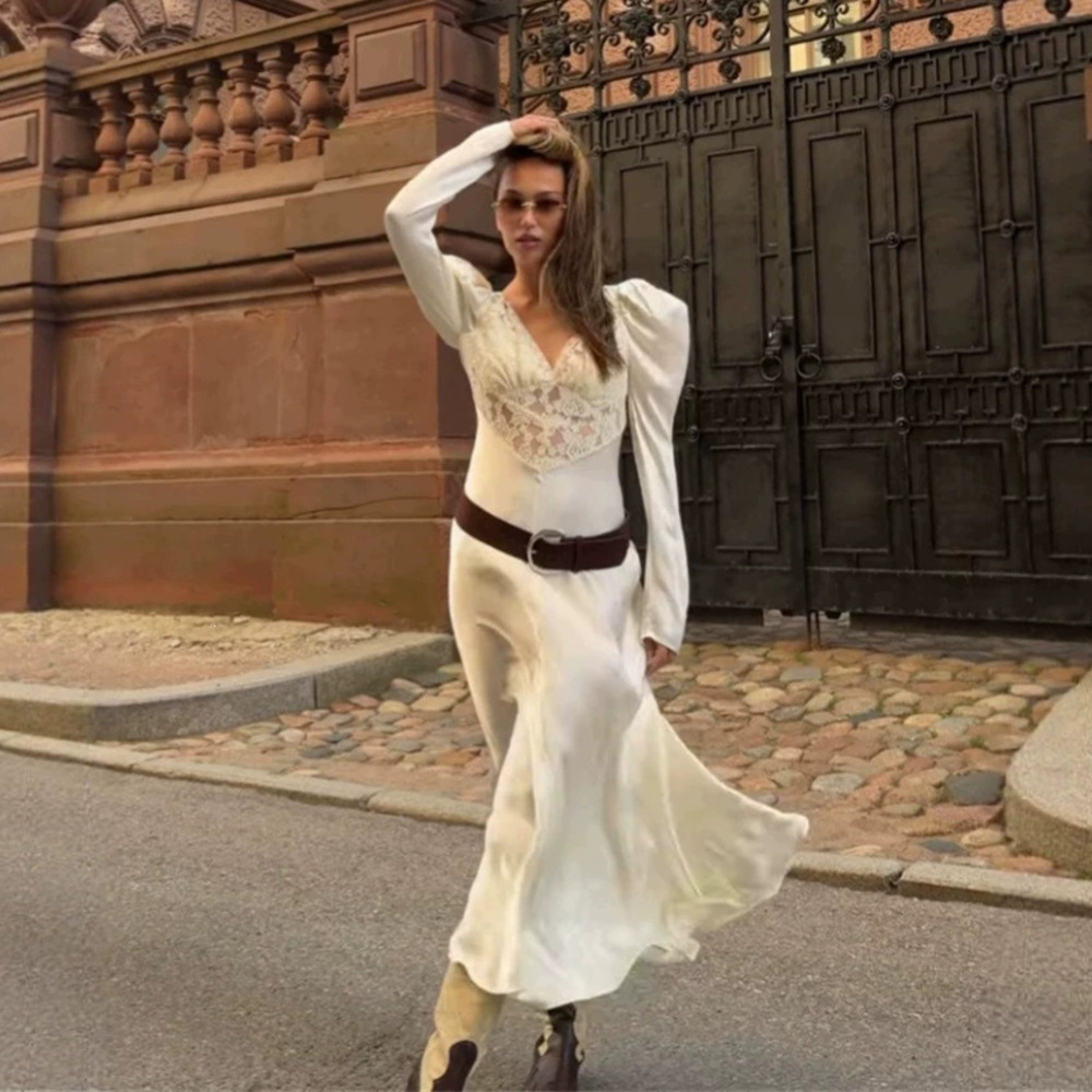 Zara Vintage Lace Puff Sleeve Slit Fitted Long Dress